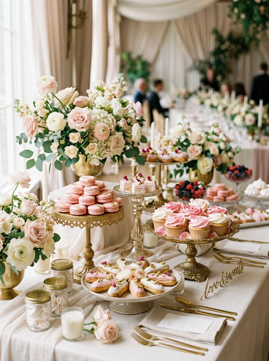 Luxe sweet table met macarons en cupcakes voor bruiloft