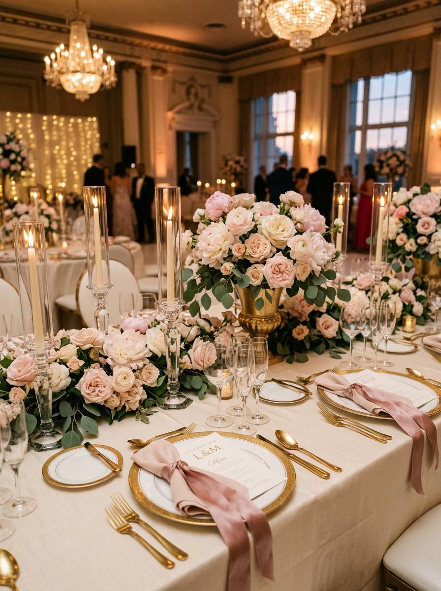 Event styling voor bruiloften met tafeldecoratie en floral arrangements
